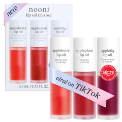 NOONI front packaging showing three tinted lip oils and easy selection benefit