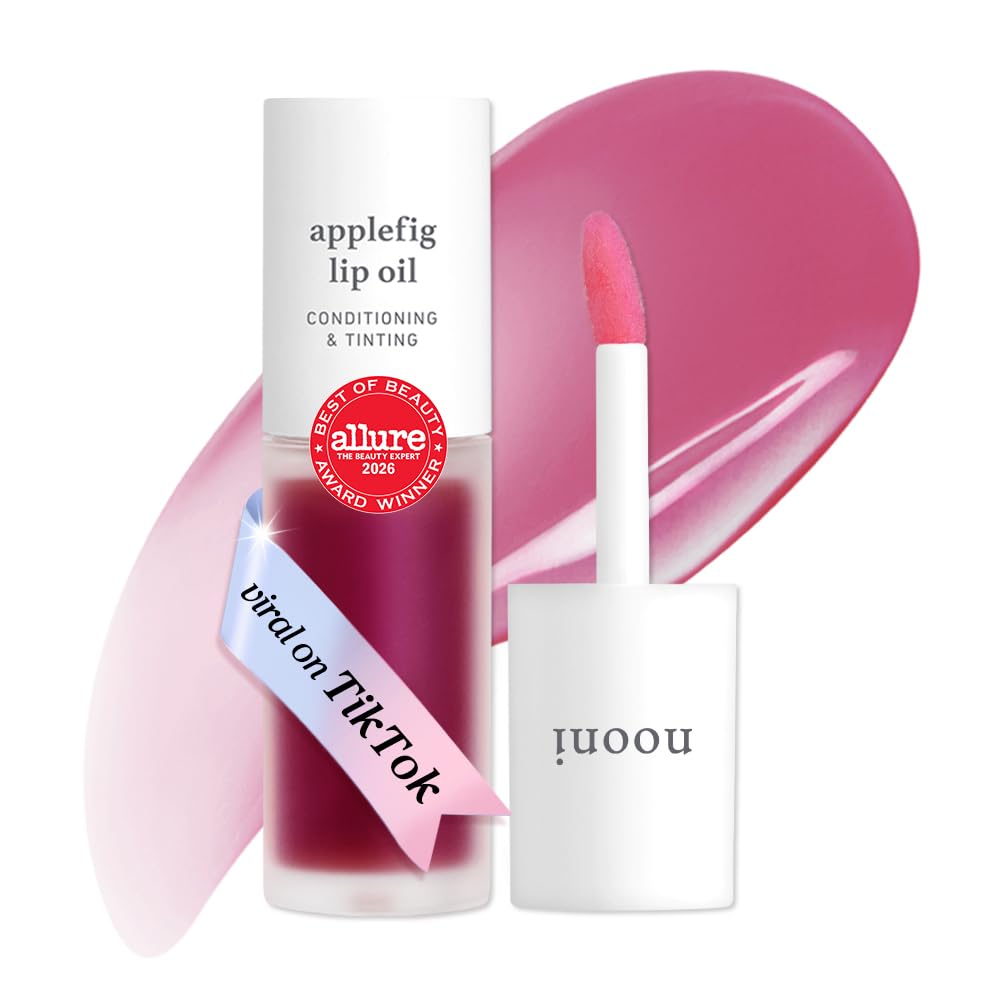 NOONI lip oil front tube showing glossy finish and portable design benefit