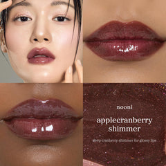 NOONI raspberry swatch on hand showing buildable color and shimmer