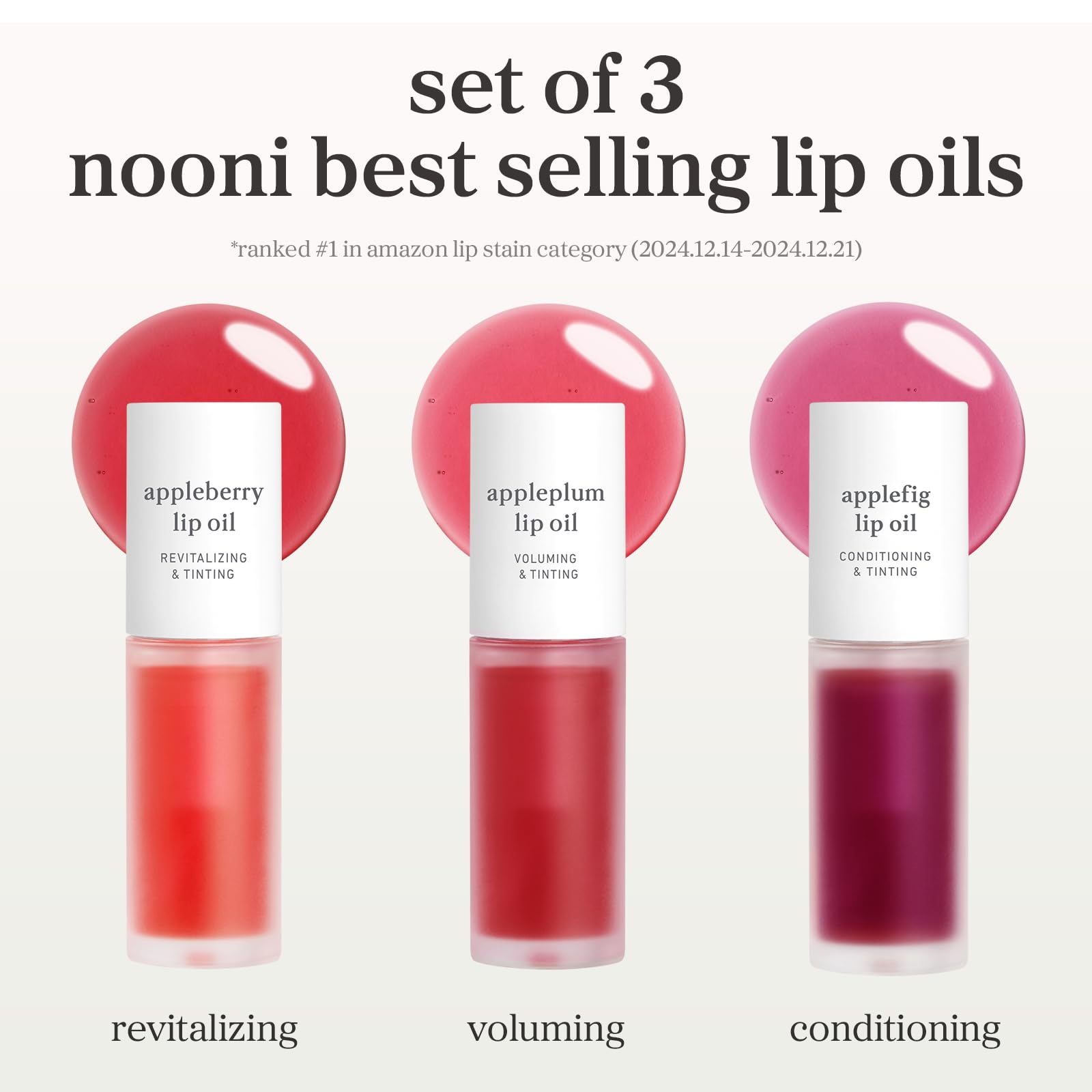 NOONI shade samples on lips demonstrating Appleberry's vivid yet natural tint