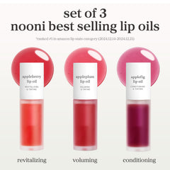 NOONI shade samples on lips demonstrating Appleberry's vivid yet natural tint
