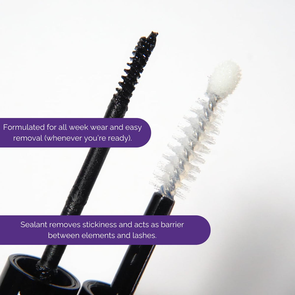 NOONLASH tube held by fingertip showing scale benefit: travel-friendly size