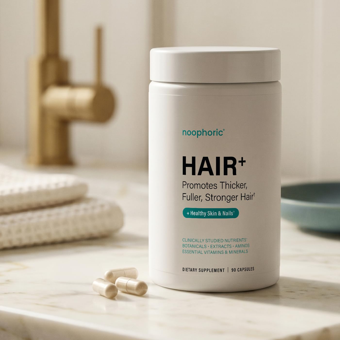Noophoric bottle on bathroom counter suggesting daily routine convenience