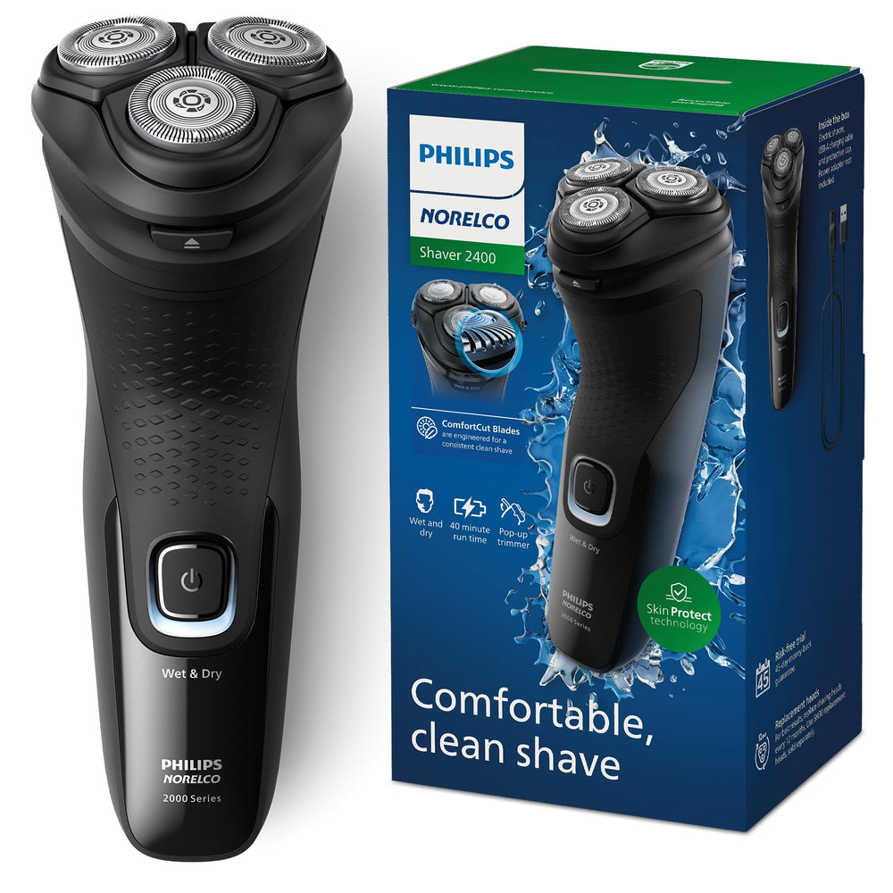 Norelco 2400 series front view showing ergonomic grip for comfortable shave