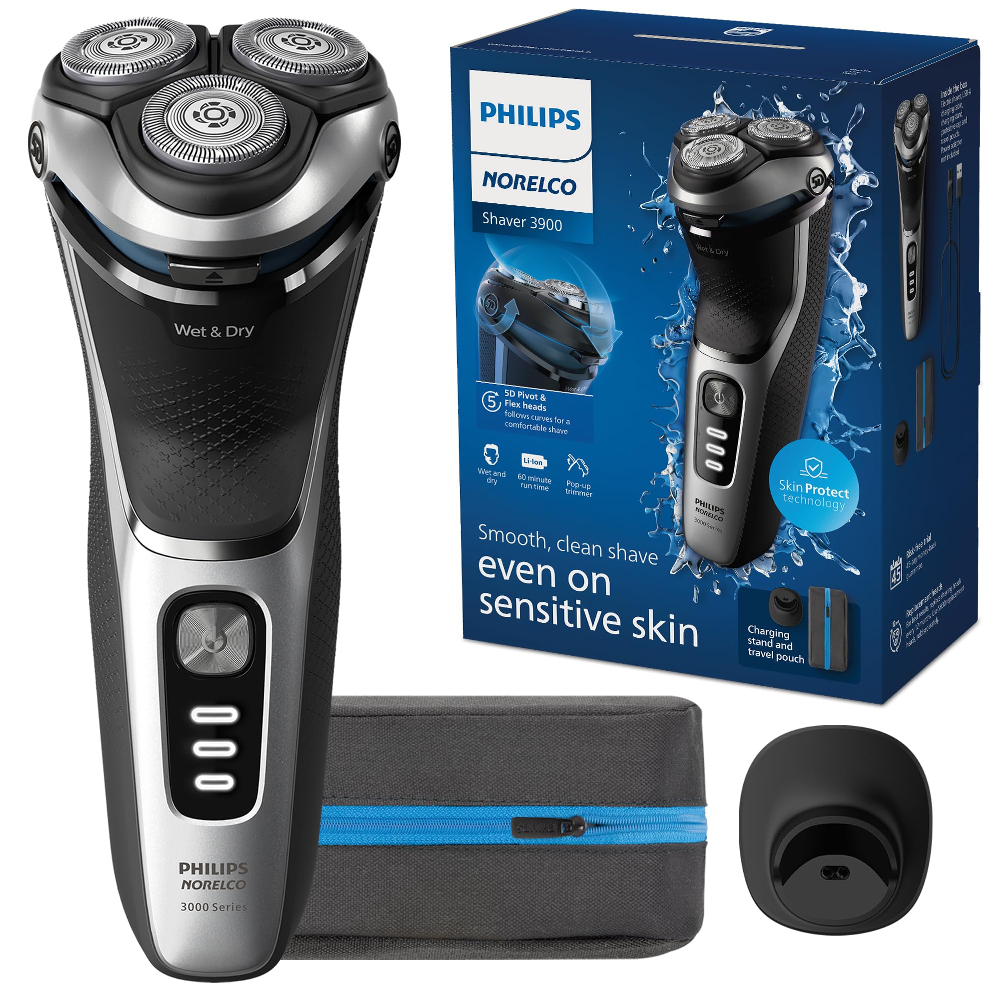 Norelco 3900 front view showing ergonomic grip and storm blue finish for comfortable handling