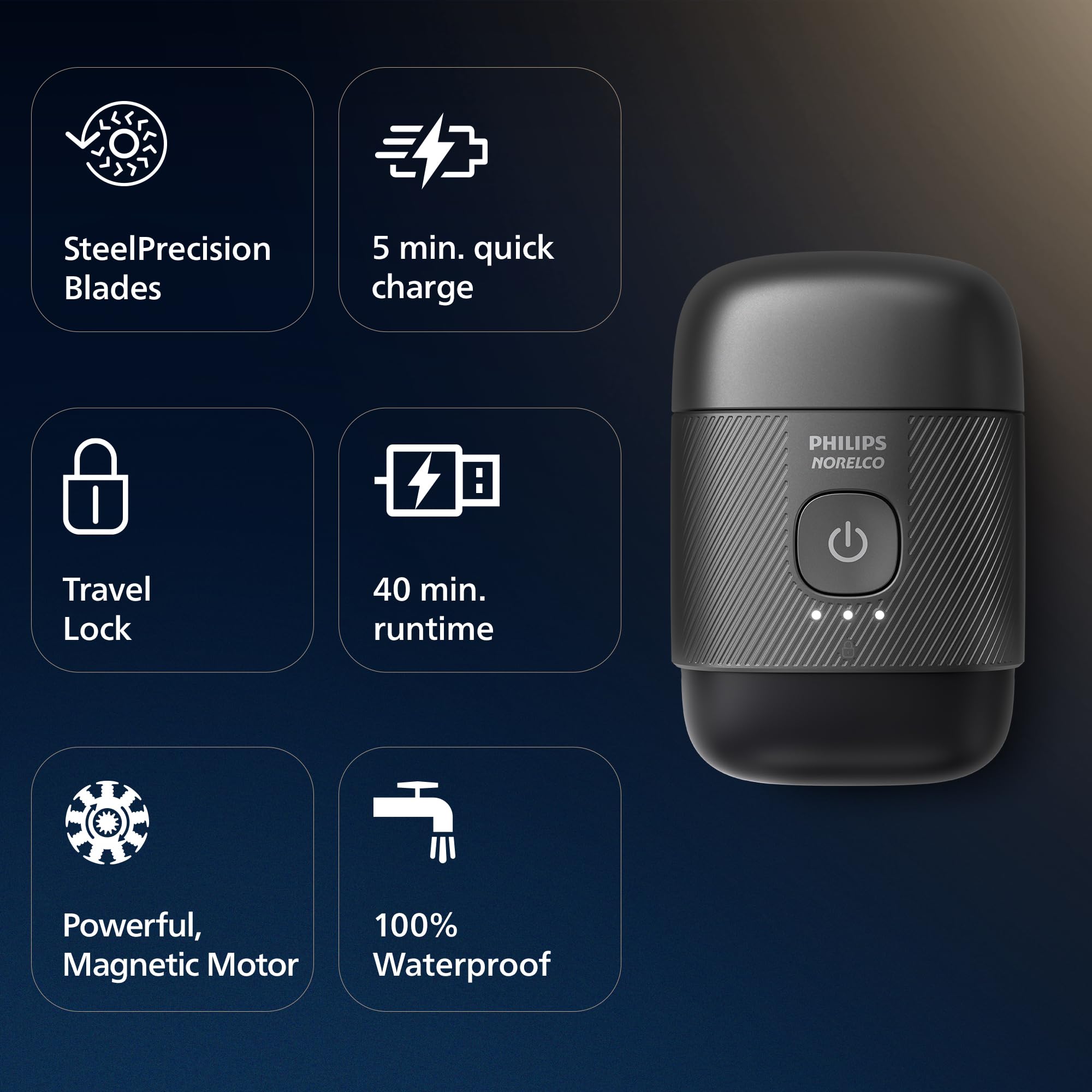Philips Norelco 500 held in hand to show compact size and portability
