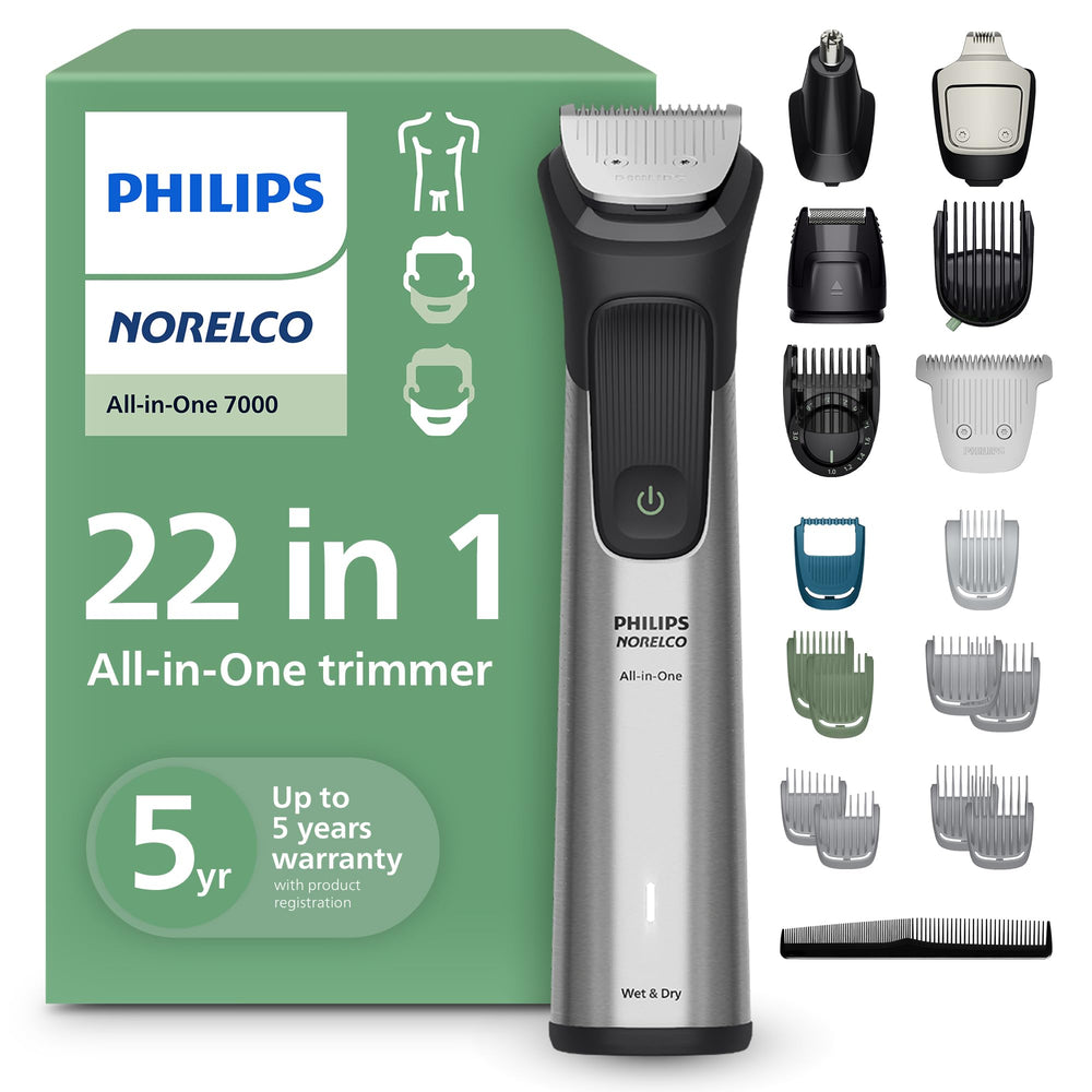 Norelco 7000 front packaging showing full kit and benefits