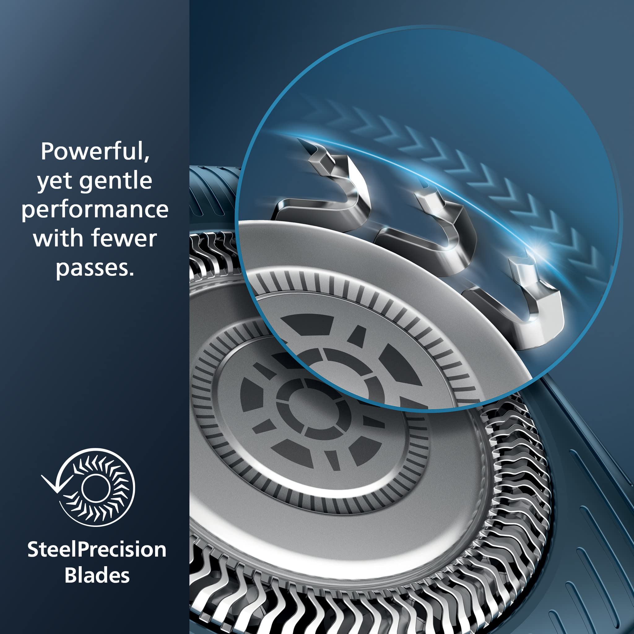 Norelco 7200 SteelPrecision blades close detail for faster, closer cutting