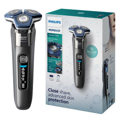 Norelco 7200 front view showing dark chrome finish and ergonomic hold benefit