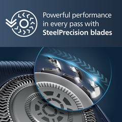 Norelco 7300 flexible heads angled to follow facial contours for better contact