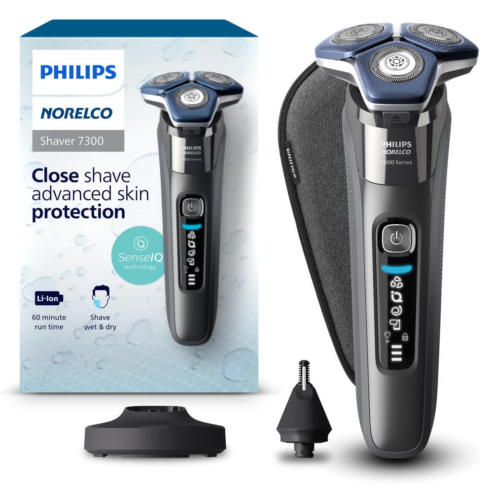 Norelco 7300 front view showing ergonomic grip and head for comfortable shaving