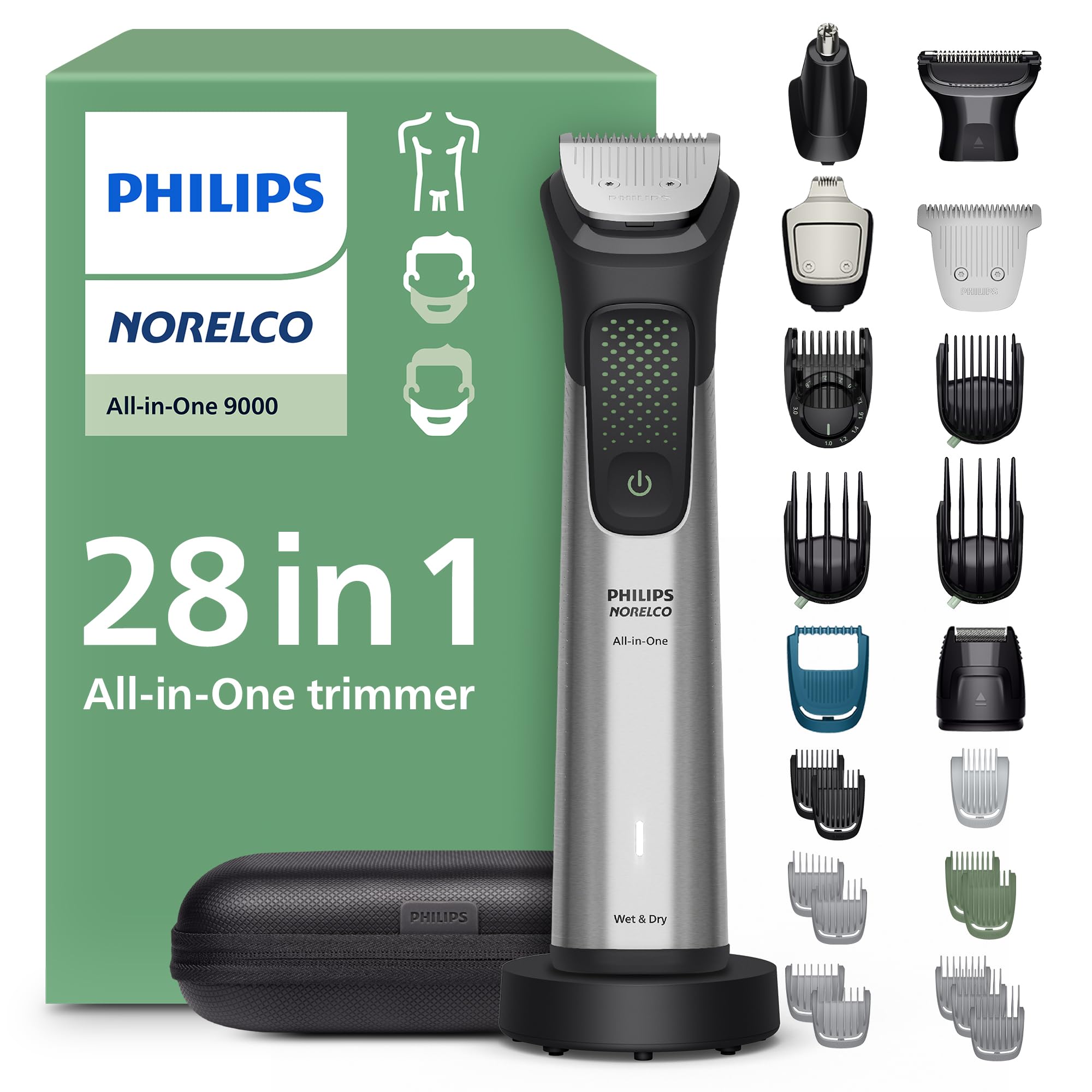Norelco All-in-One 9000 front view showing trimmer and included accessories for versatile grooming