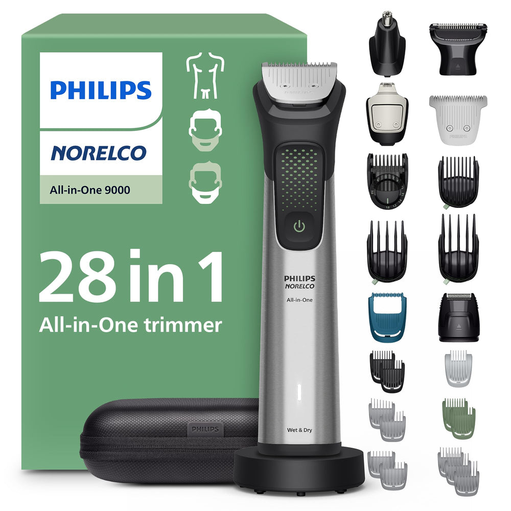 Norelco All-in-One 9000 front view showing trimmer and included accessories for versatile grooming