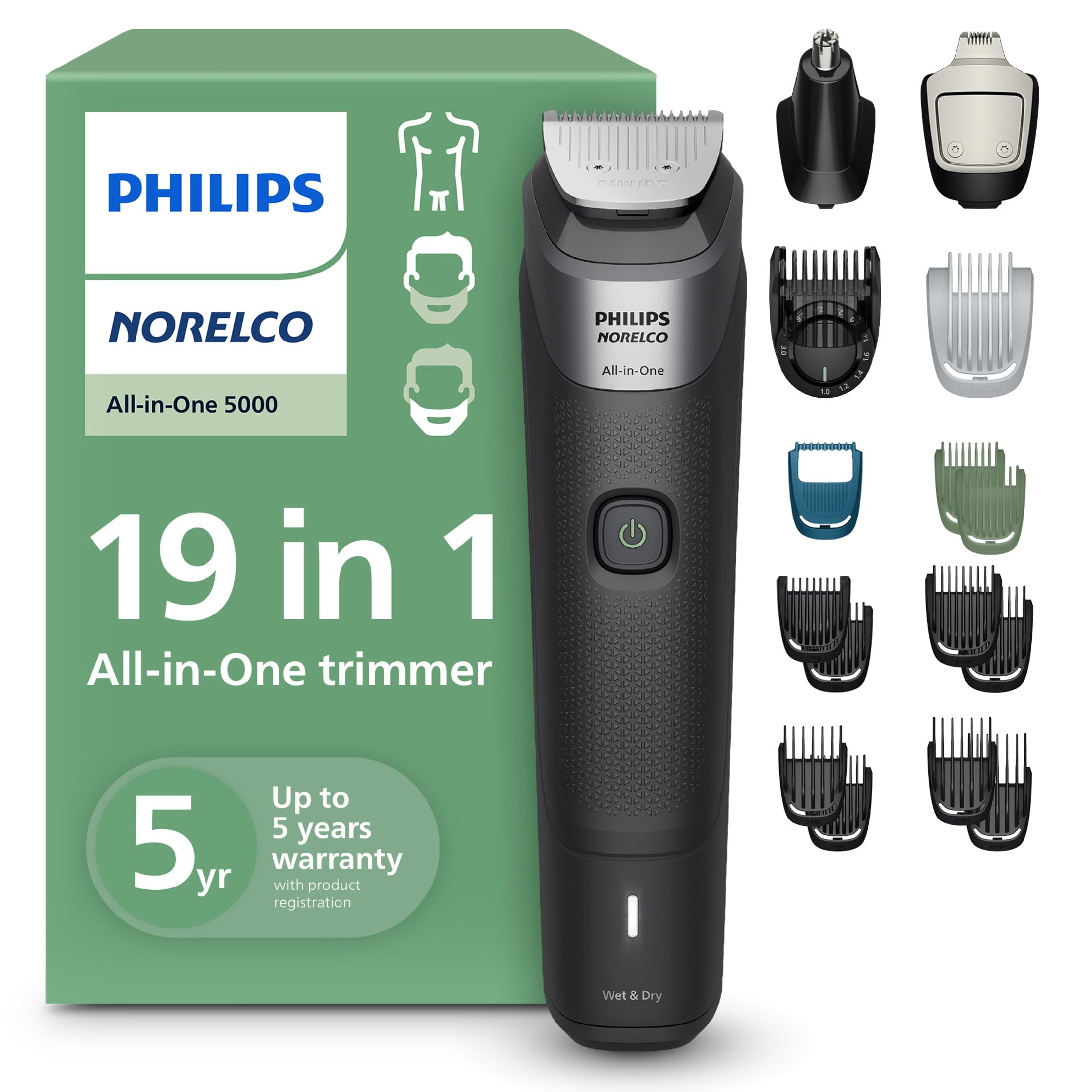 Norelco All-in-One 5000 front view showing ergonomic grip and controls for easy handling