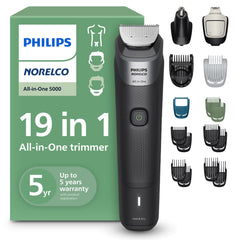 Norelco All-in-One 5000 front view showing ergonomic grip and controls for easy handling