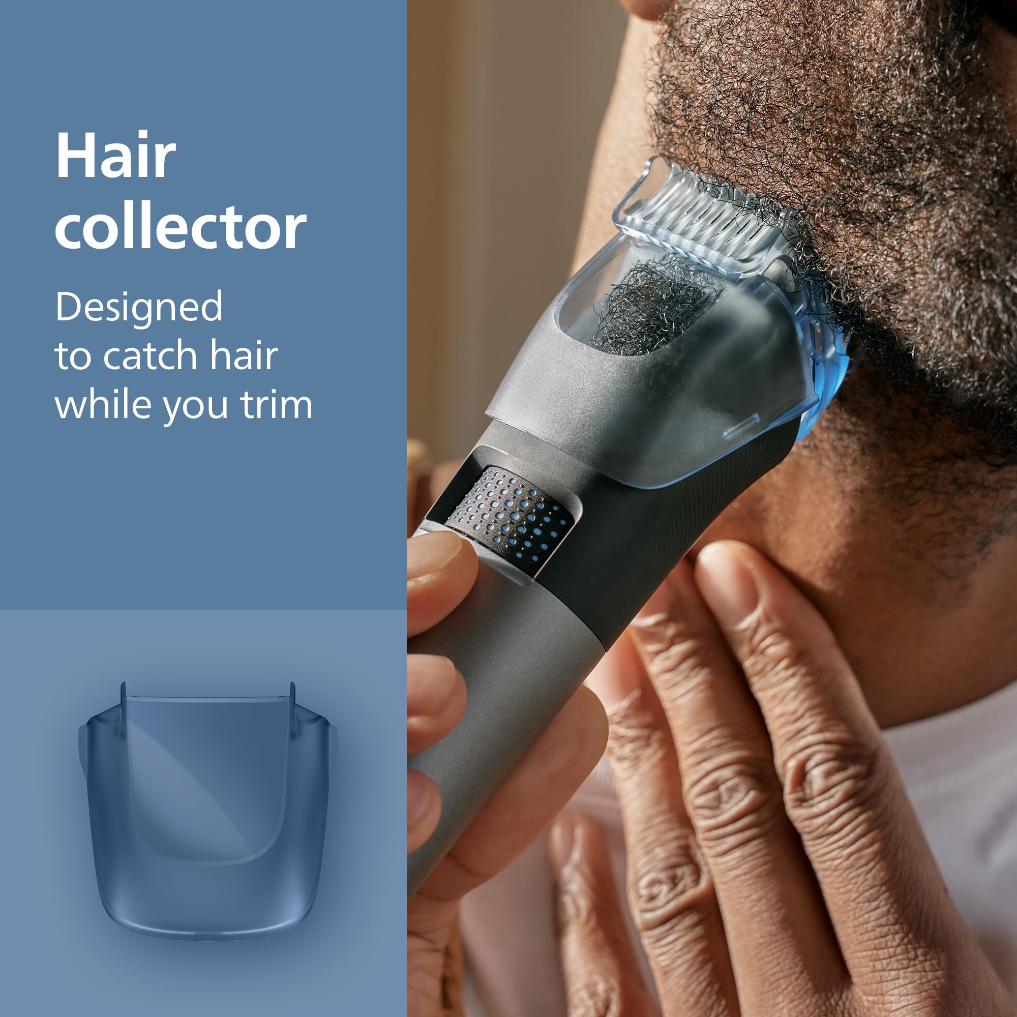Norelco hair collector close-up capturing trimmed hairs for easier cleanup