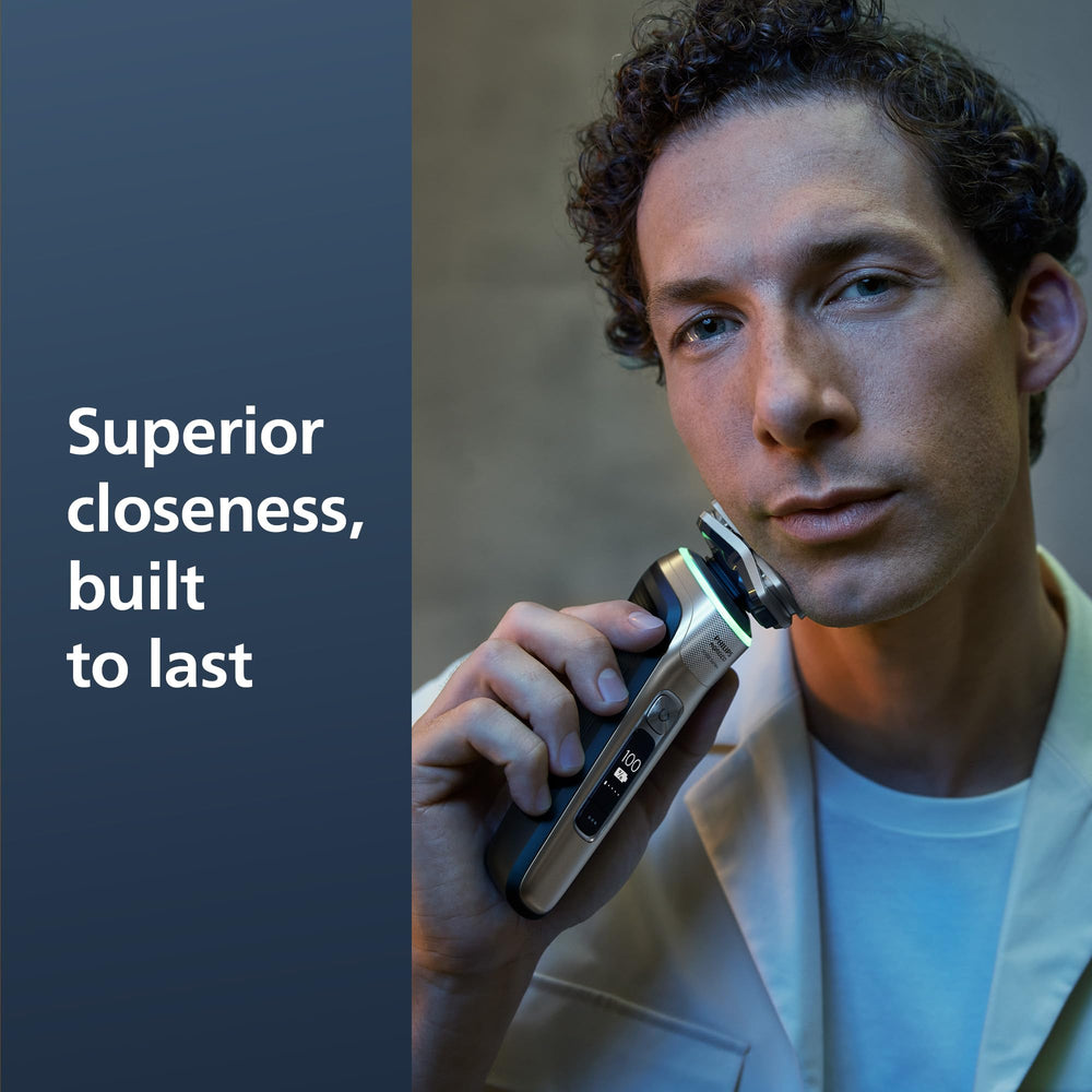 Norelco dual head closeup highlighting shaver and trimmer for comfortable precise grooming