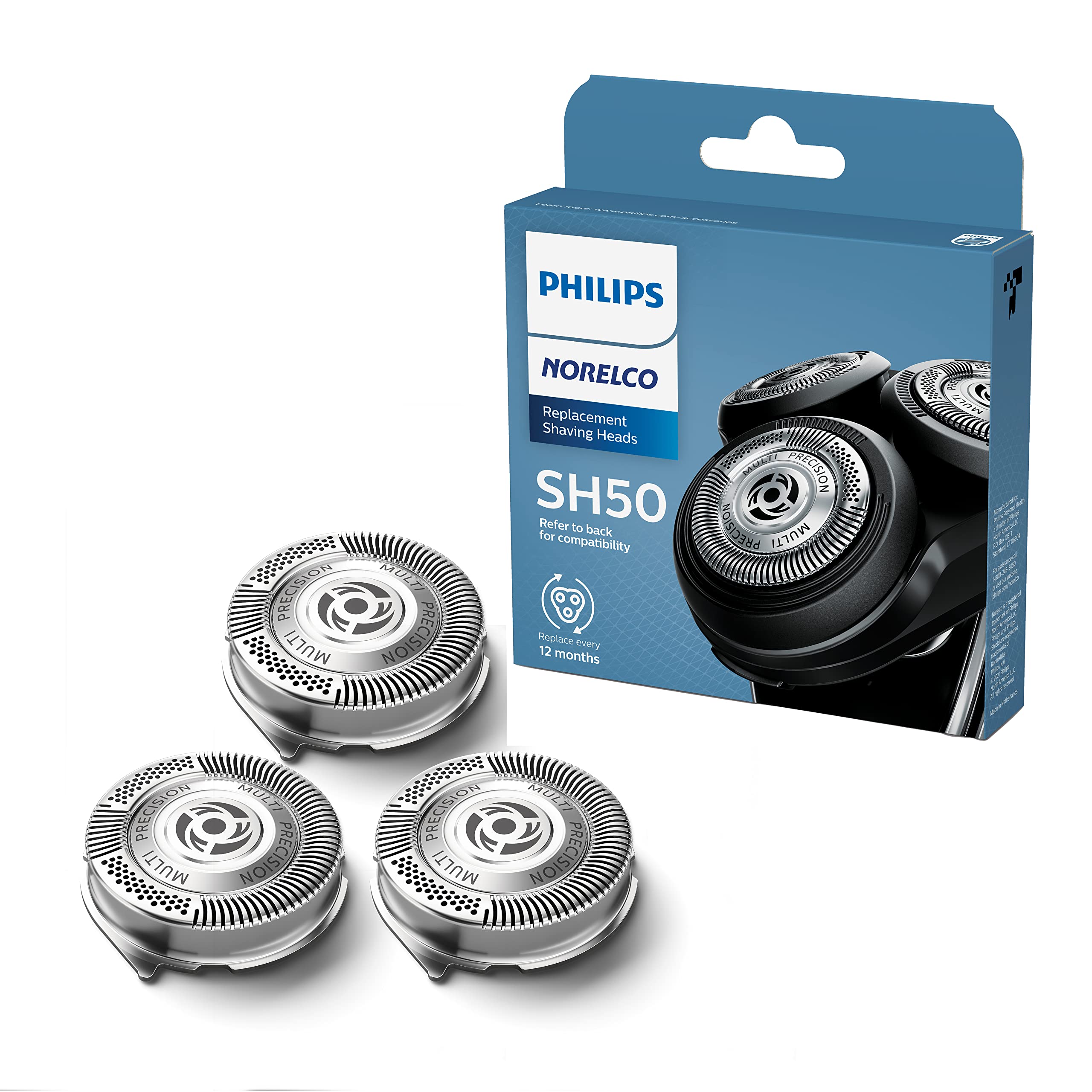 Norelco front packaging showing 3-count replacement heads and clear branding benefits