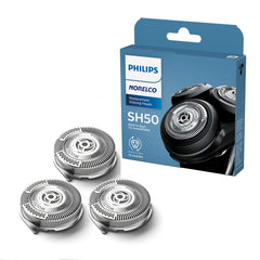 Norelco front packaging showing 3-count replacement heads and clear branding benefits
