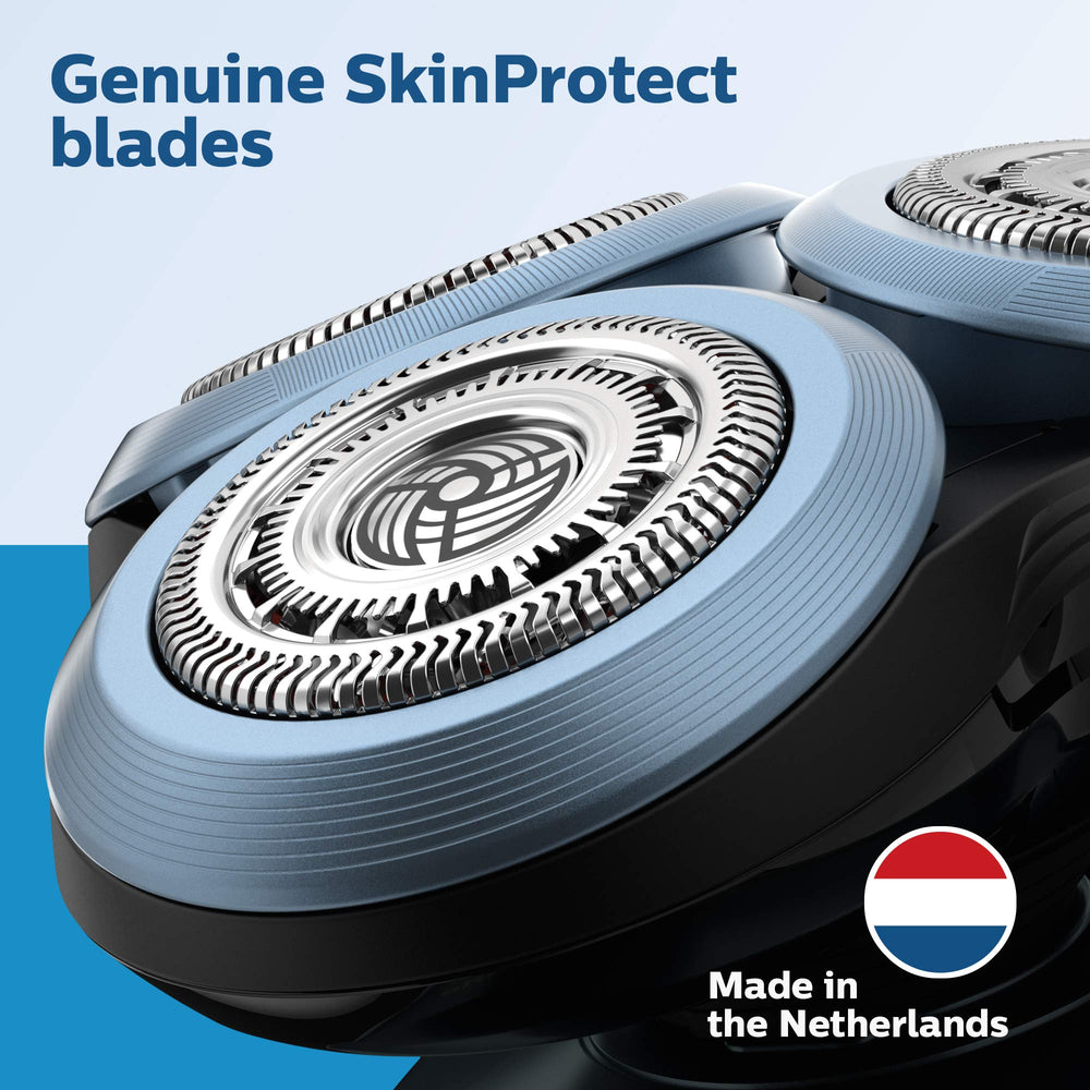 Norelco shaving heads with manufacturing mark label proving genuine Dutch-made quality