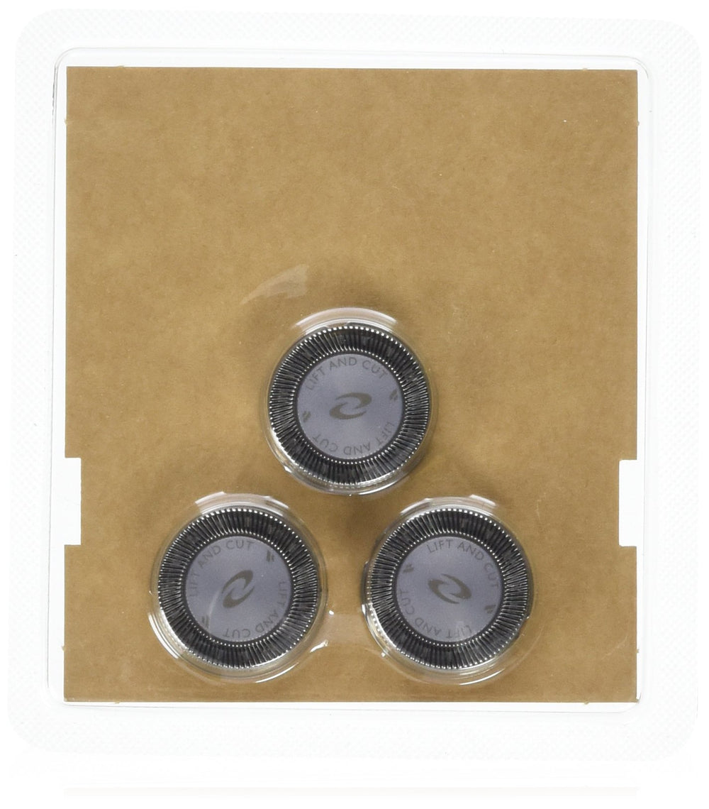Norelco HQ56 front packaging showing three replacement heads and clear benefits