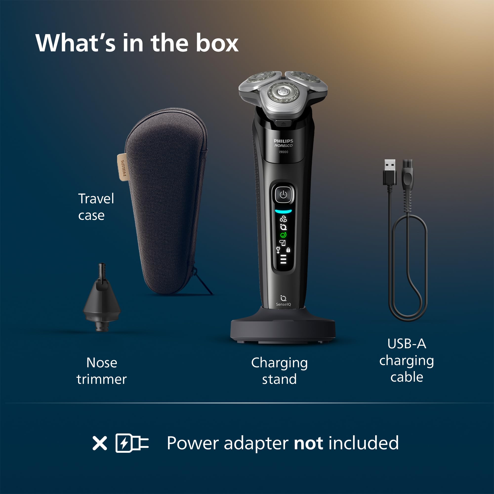 Norelco i9000 size comparison next to smartphone to show compact footprint and travel readiness