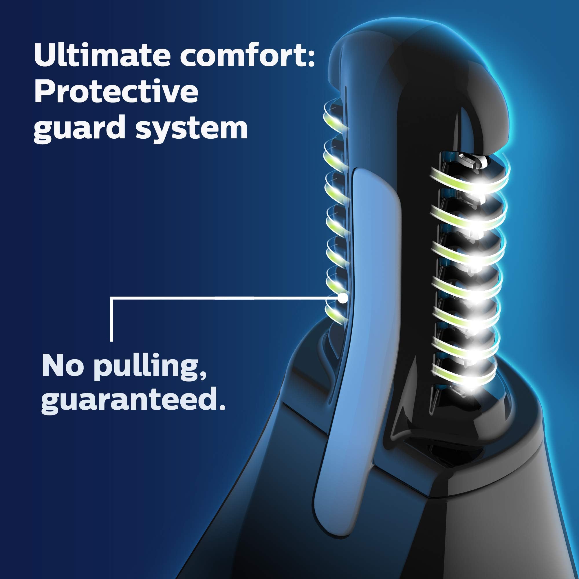Norelco close-up of dual-sided steel blades showing gentle precise cutting