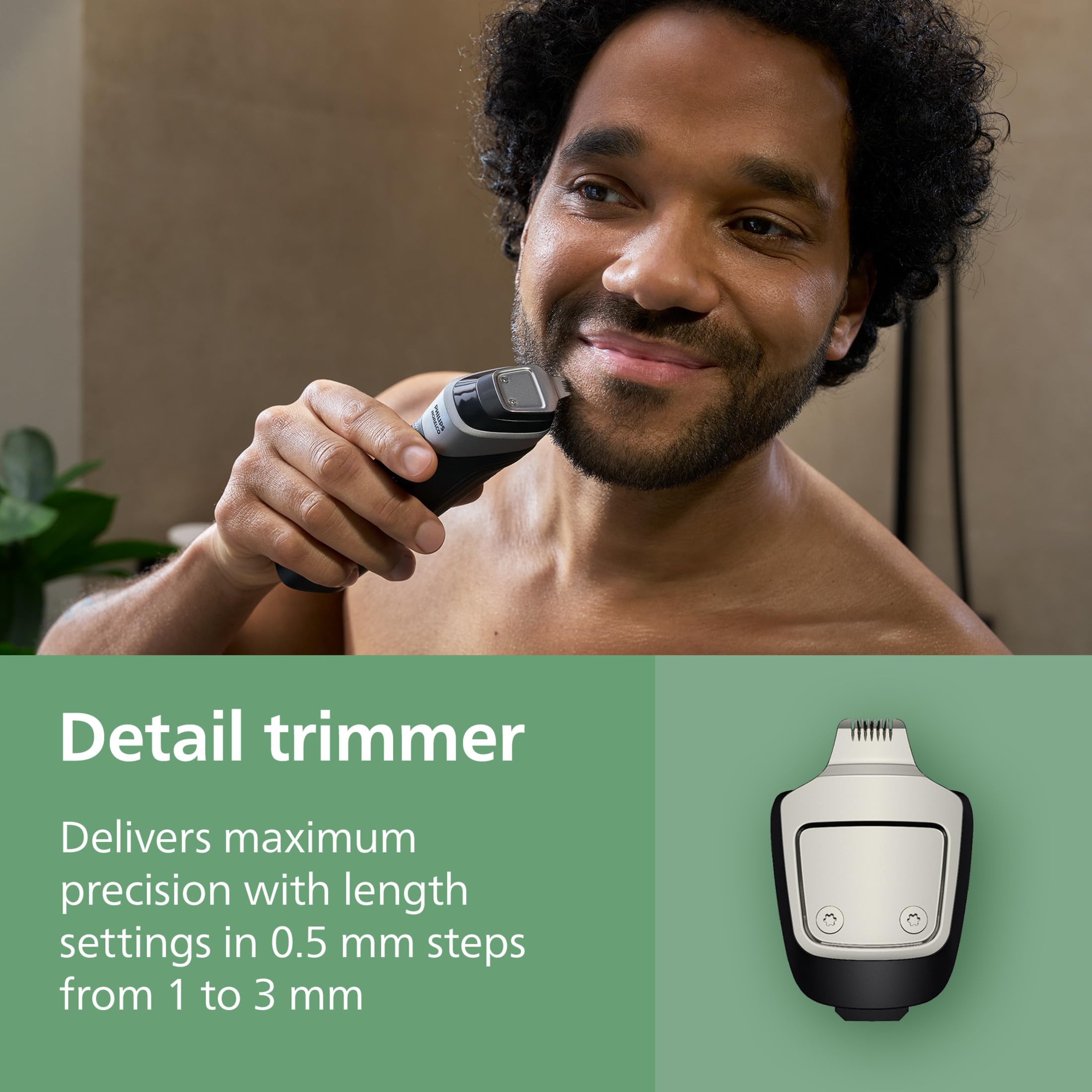 Norelco nose trimmer head detail for safe, nick-free removal of unwanted hair