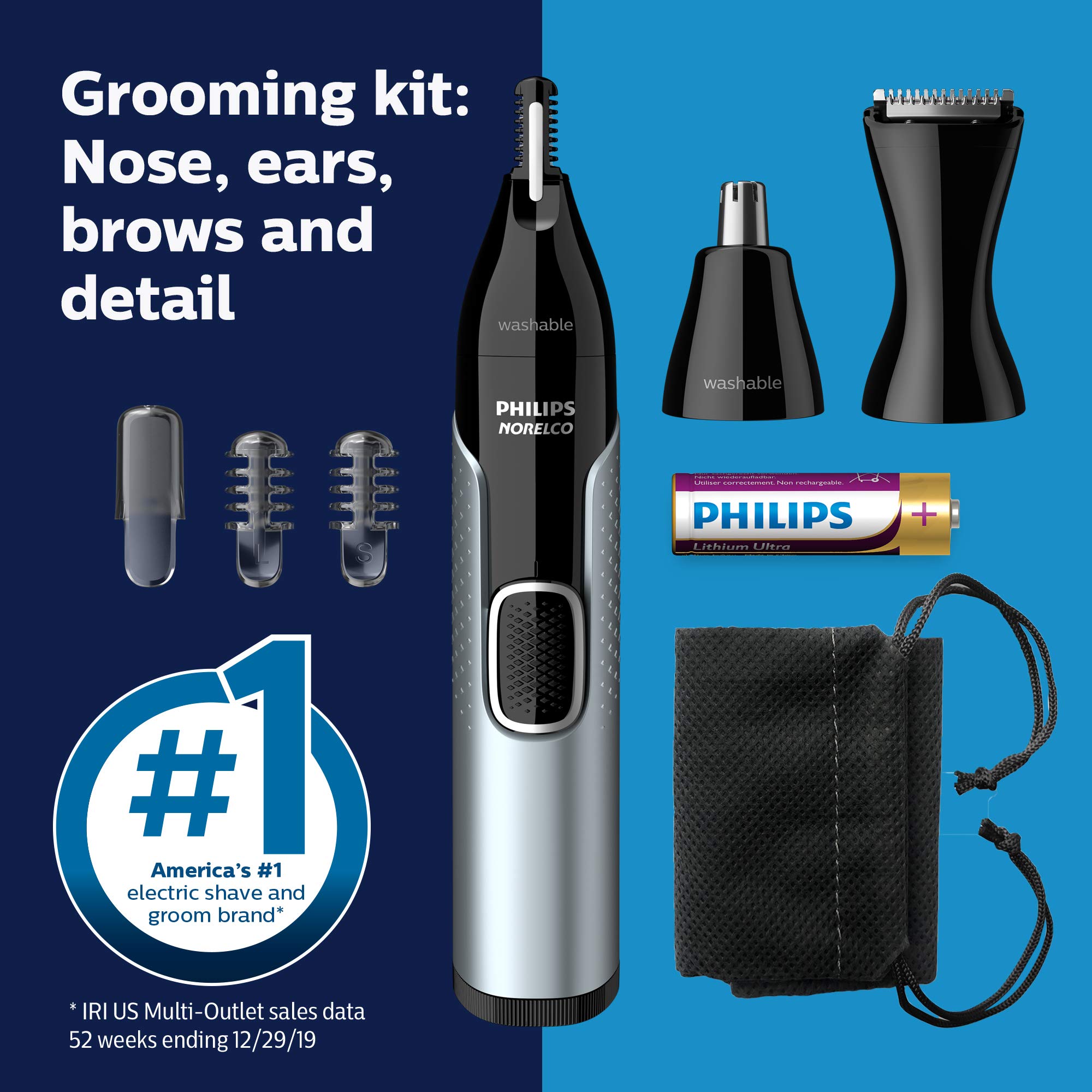 Norelco trimmer with pouch and accessories showing organized travel storage