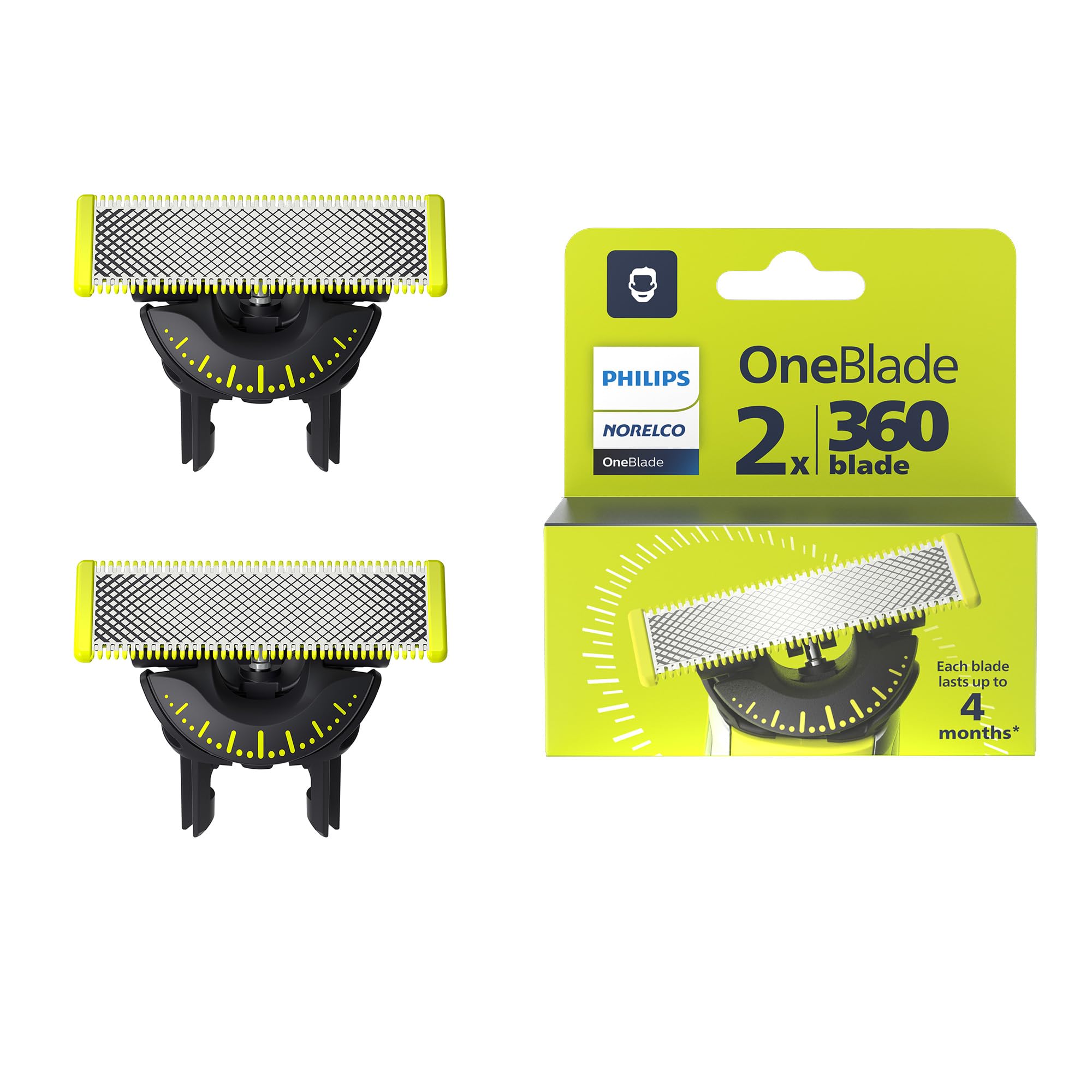 Norelco OneBlade 360 front packaging showing authentic replacement benefit