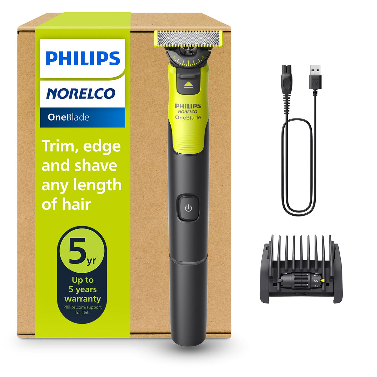 Norelco OneBlade 360 front view showing ergonomic handle and controls for comfortable grip