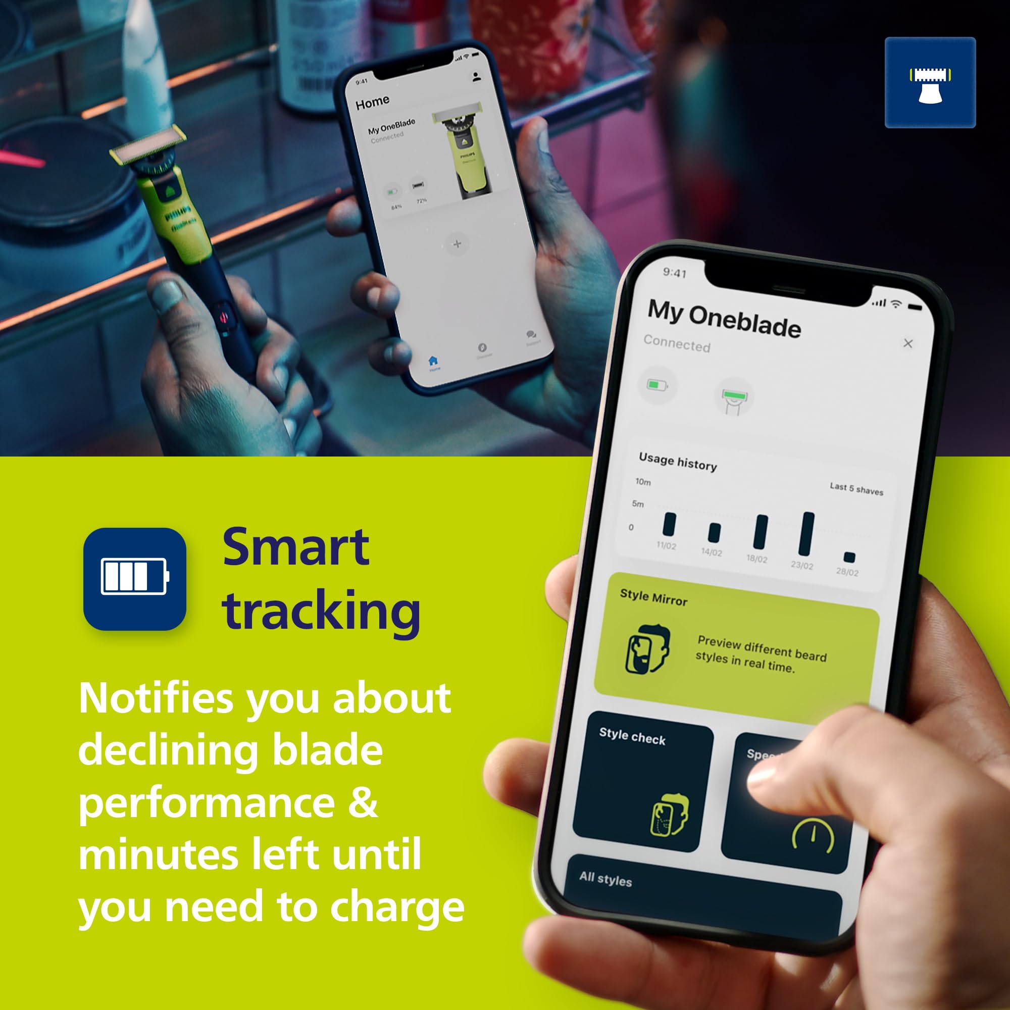 Norelco OneBlade held in hand to show compact size and travel-friendly convenience