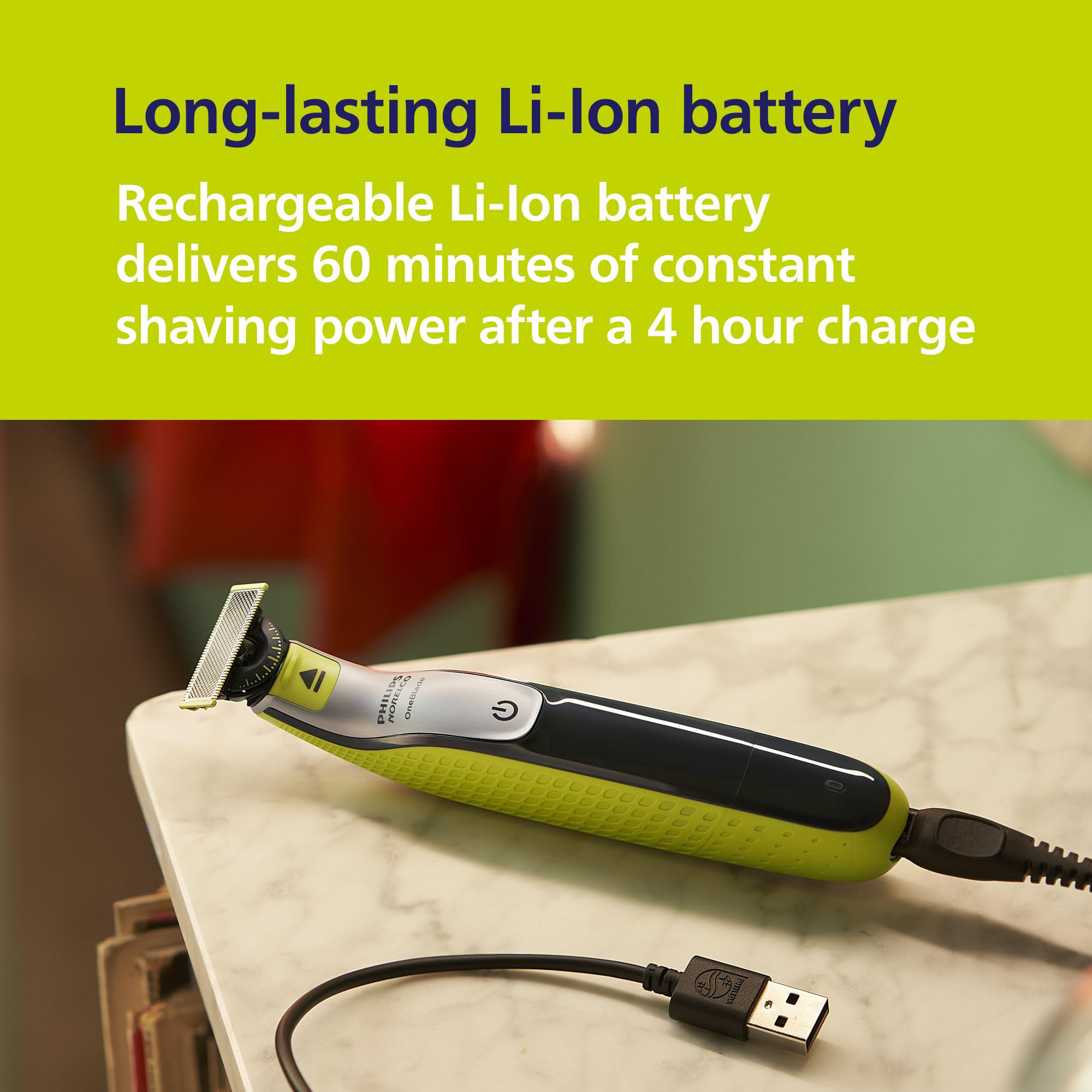Norelco OneBlade 360 held in hand to show compact size and travel-friendly benefit