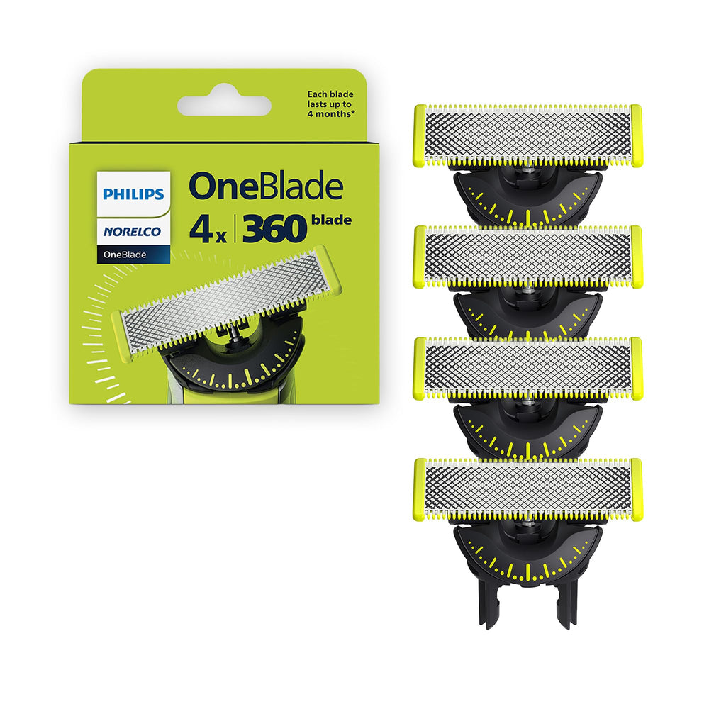 Norelco OneBlade front packaging showing four replacement blades and clear labeling for easy identification and value
