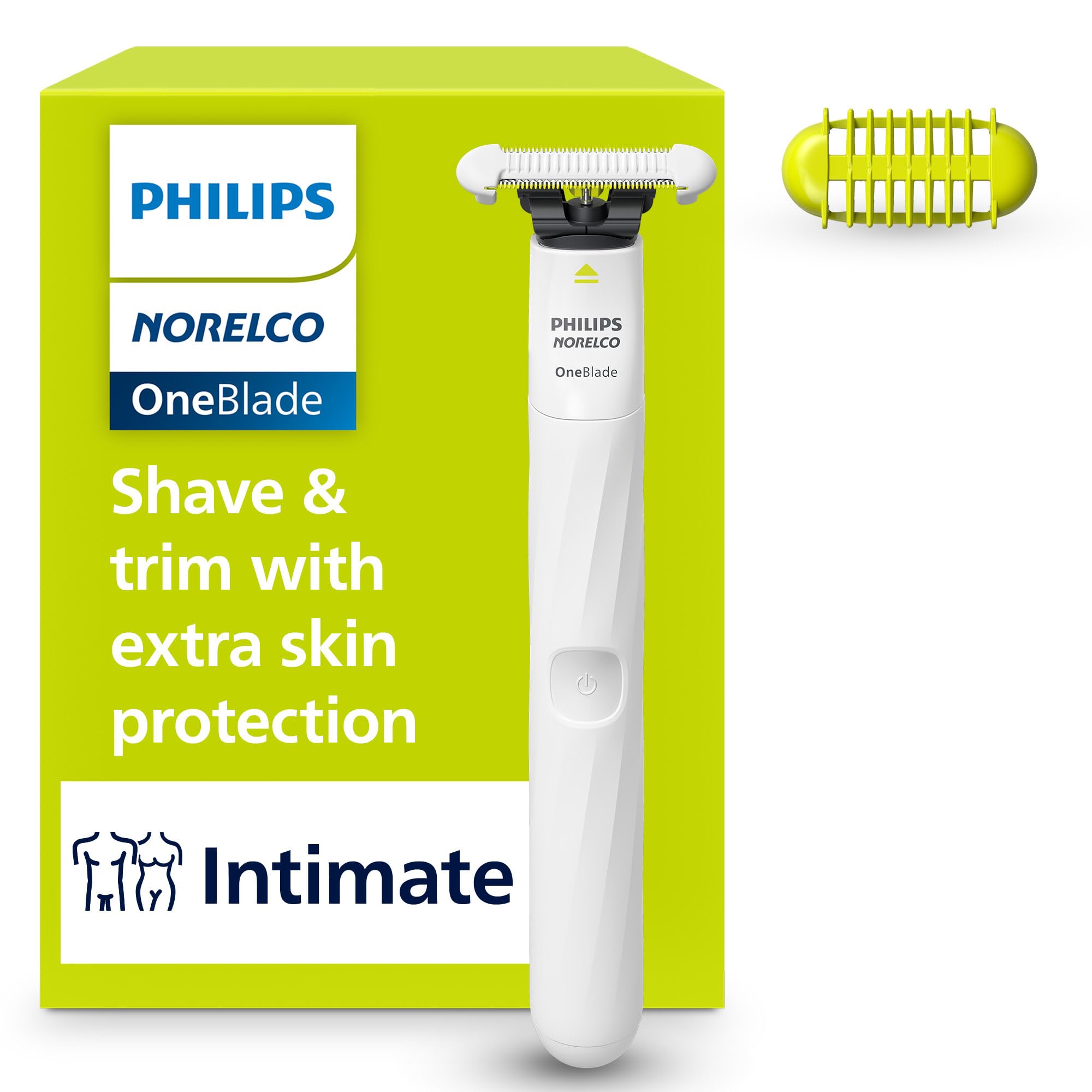 Philips Norelco OneBlade Intimate front view showing ergonomic handle and head benefiting control