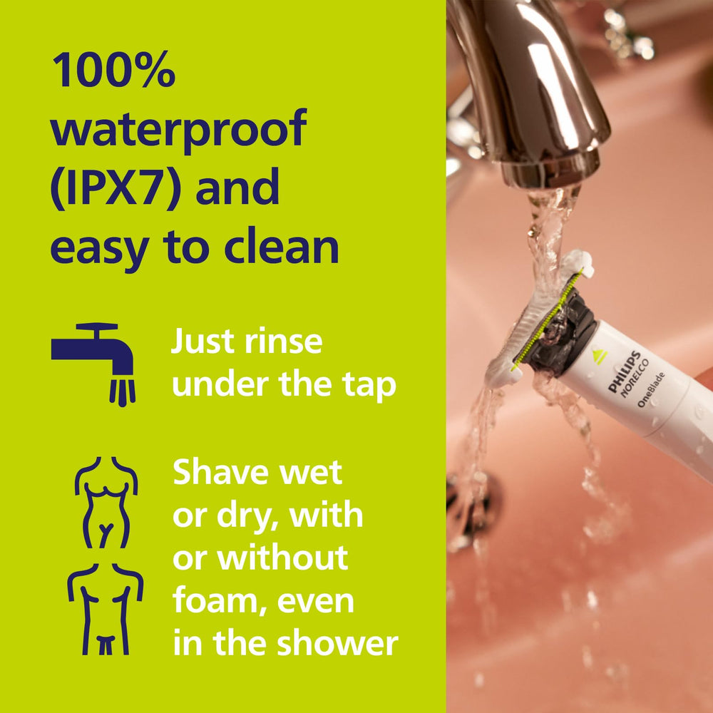 Norelco OneBlade stainless steel edge close-up indicating durable long-lasting benefit