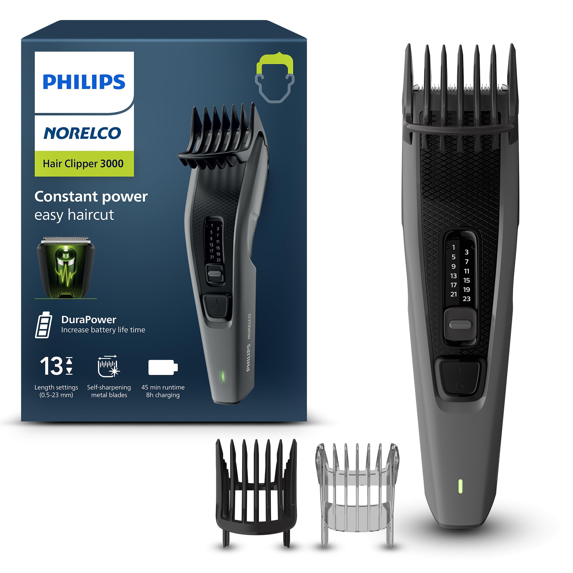 Norelco Philips front view showing controls and textured grip for comfortable handling