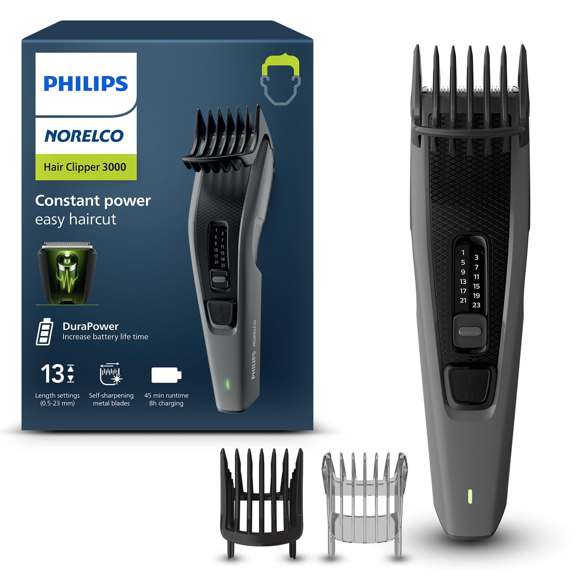 Norelco Philips front view showing controls and textured grip for comfortable handling