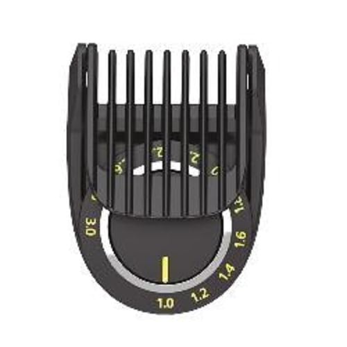 Norelco replacement comb front view showing 1–3mm settings and secure fit benefit