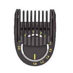 Norelco replacement comb front view showing 1–3mm settings and secure fit benefit