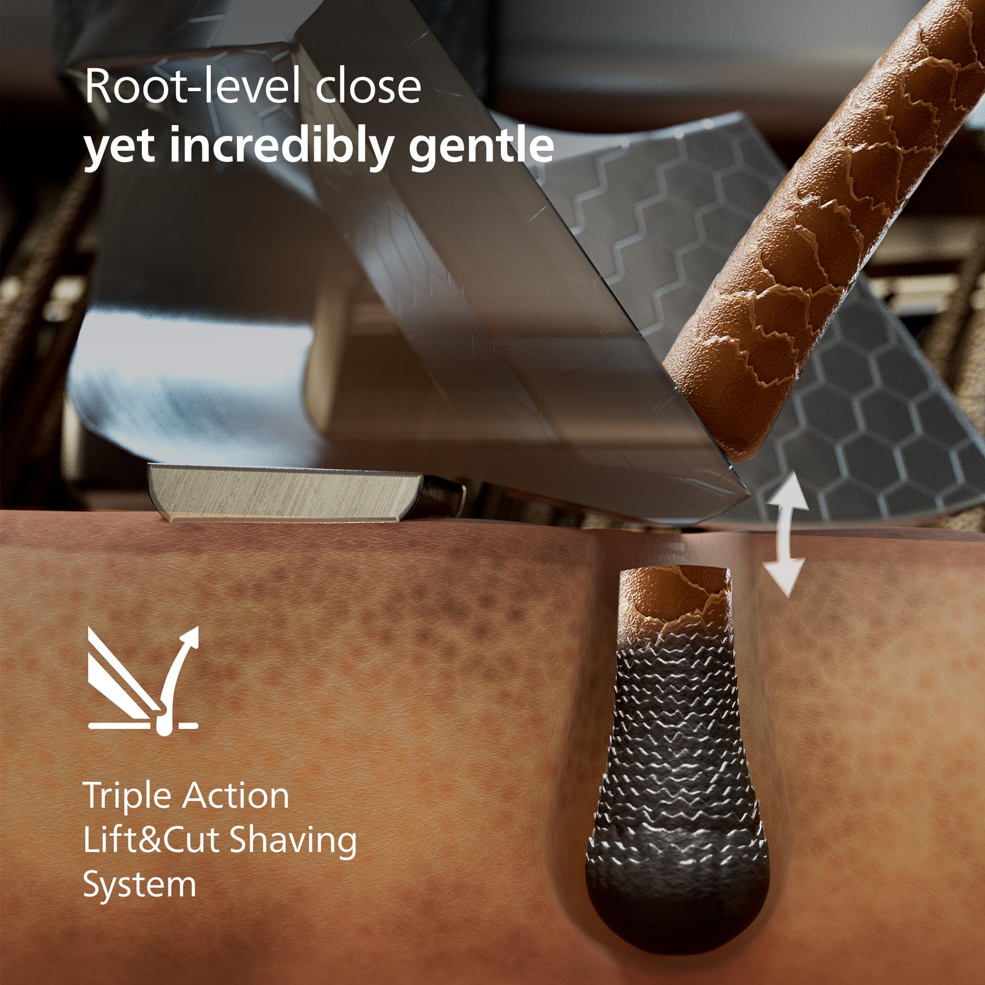 Norelco precision flex heads angled to show 360° movement for improved contact
