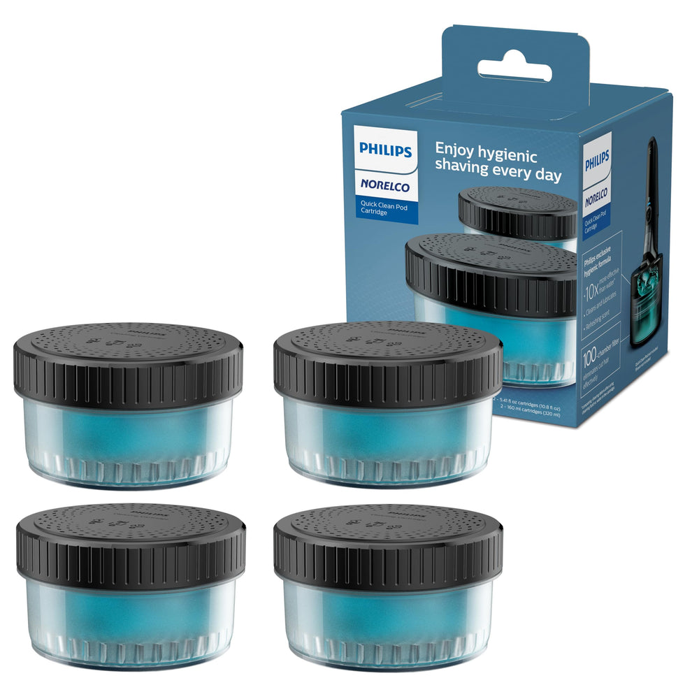 Norelco Quick Clean Pod front packaging showing four cartridges and benefits