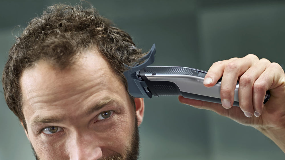 Norelco before and after short beard demonstrating even trimming results