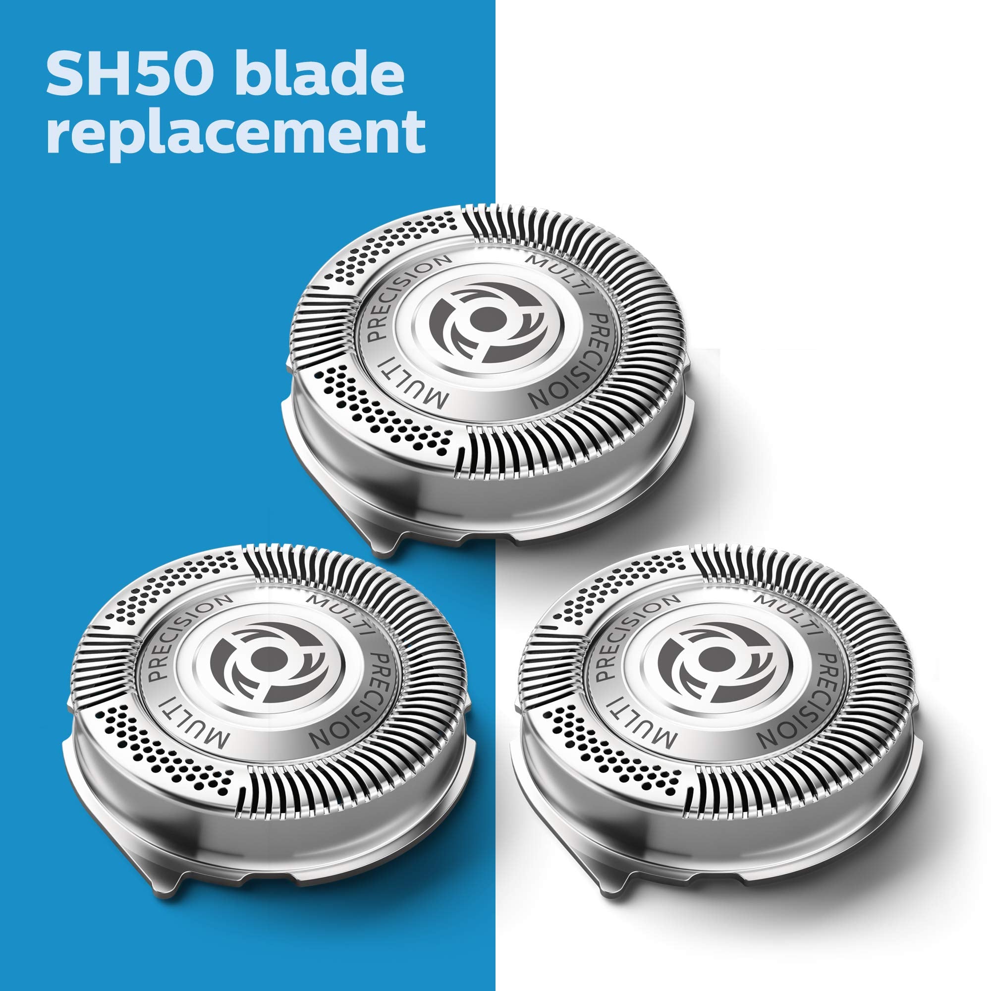 Norelco three replacement heads stacked, showing durable design and quick swap benefit