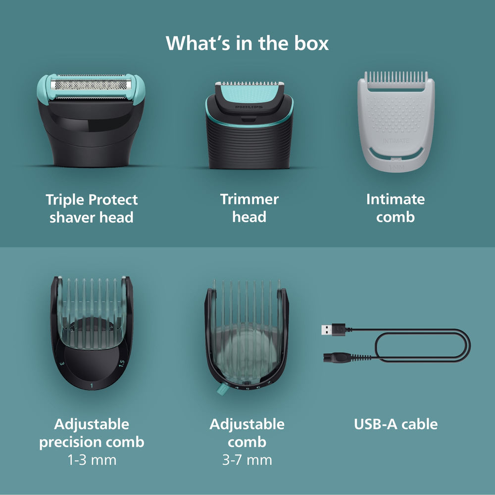Norelco trimmer with all combs laid out for versatile length options benefit