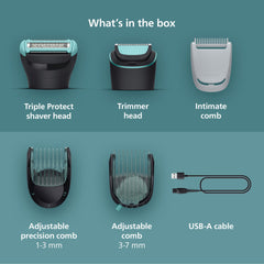 Norelco trimmer with all combs laid out for versatile length options benefit
