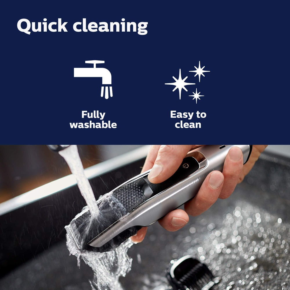 Norelco washable head being rinsed under water for quick cleaning