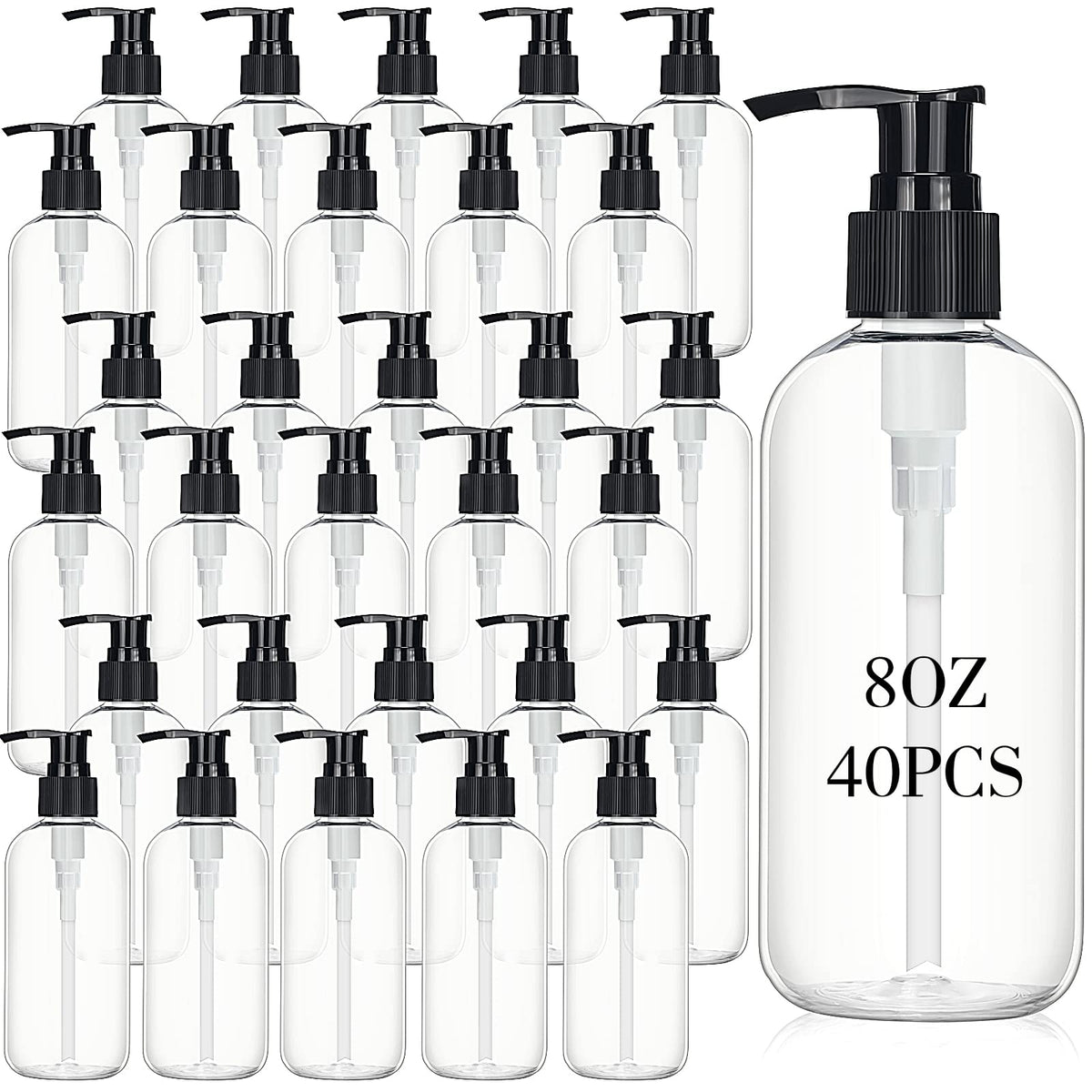 Norme front view of 40-pack clear pump bottles showing quantity and neat packaging benefit