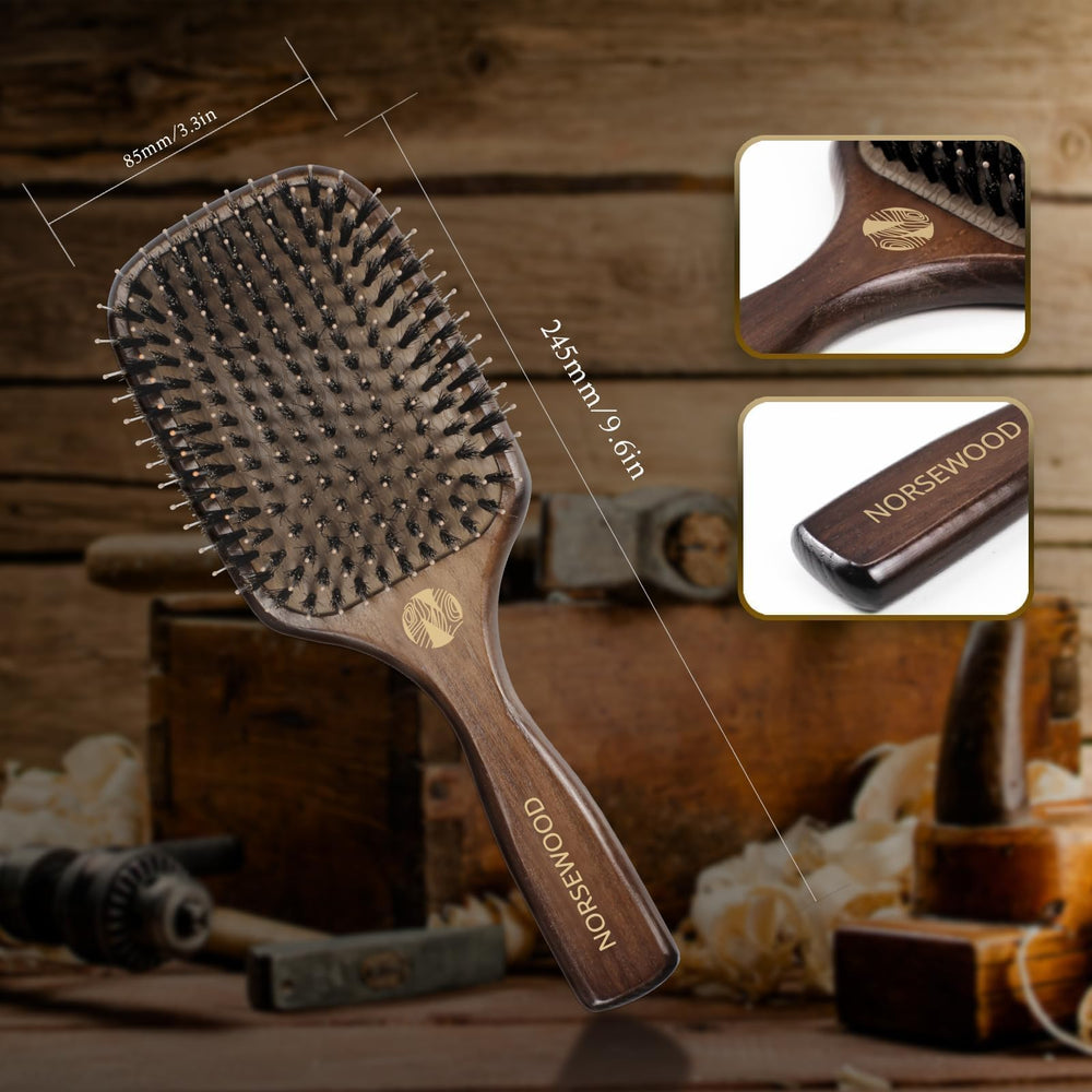 Norsewood brush detangling hair in use demonstrating reduced pulling and smoother strands