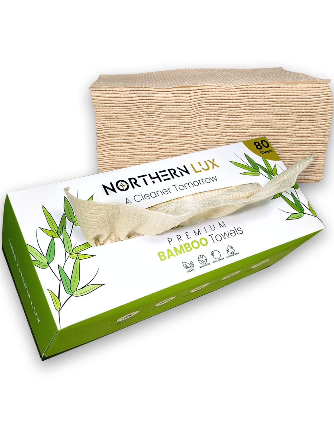 Northern Lux pack front showing 80 biodegradable bamboo sheets and sustainability benefit